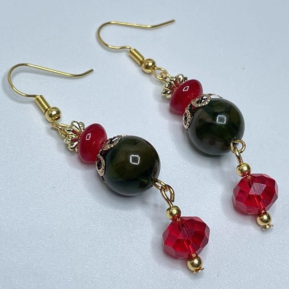 Artisan Red Crystal Glass Green Lucite Beaded Dangle Earrings Gold Tone Unique